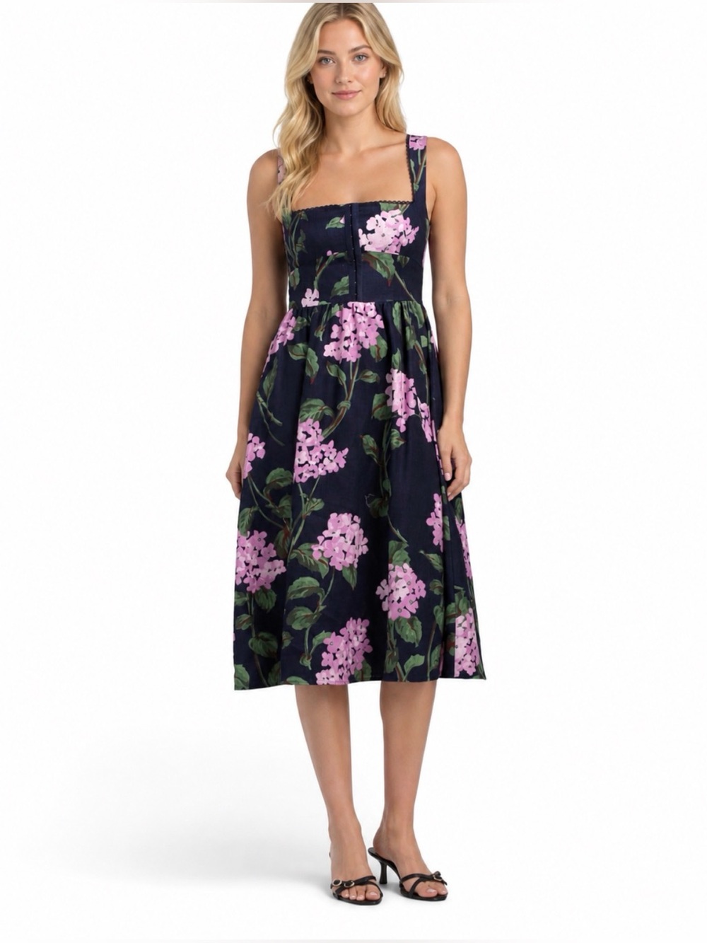 Linen sleeveless floral midi dress